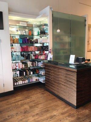 The retail shopping area and salon chairs at diPietro Todd Salon on Fillmore, in our Pacific Heights San Francisco salon.