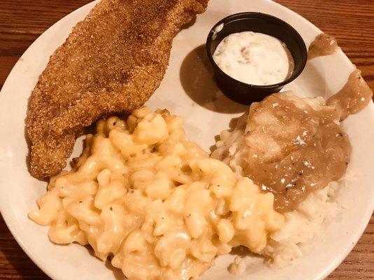 Fried Catfish, Mac and Cheese, mashed potatoes and gravy