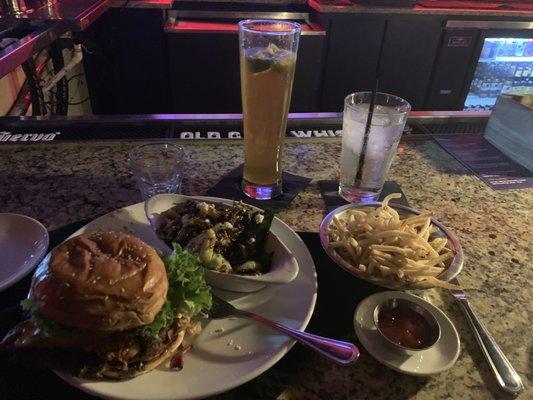 Burger with Brussels sprouts , margarita fries and 805 draft!