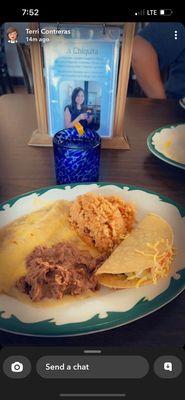 Margarita platter, cheese enchiladas, crispy tacos, refried beans and Mexican rice. All so delicious. La Chiquita margarita was the best.