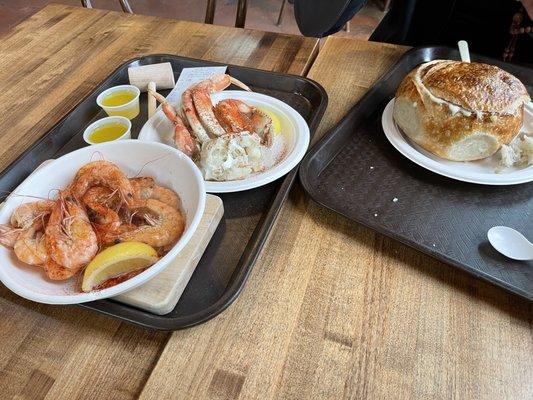 1/2 pound Shrimp, 1/2 Dungeness crab, clam chowder in a bread bowl.