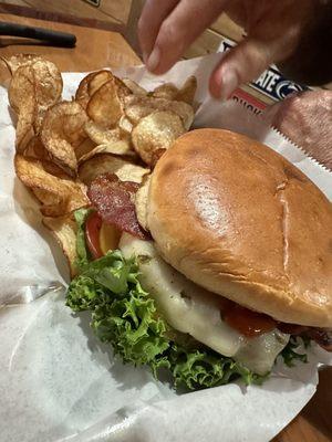 Back porch cheeseburger with homemade chips.