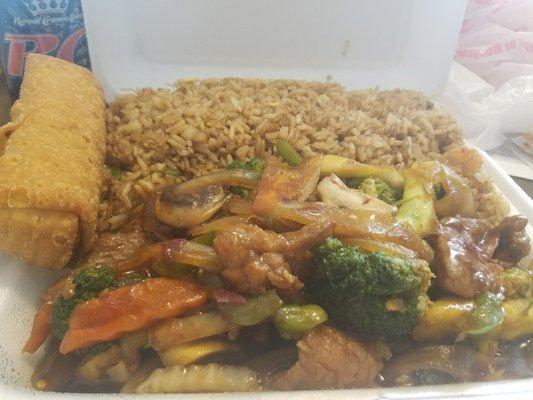 Unconventional Mongolian Beef. Lunch special with fried rice, egg roll, and pop. Loved the assortment of veggies. Fried rice was bland.