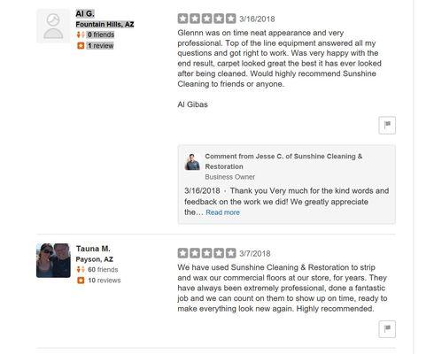 Yelp reviews are tough to get, even tougher when Yelp does not recommend them. Here are two customer reviews from Fountain Hills AZ