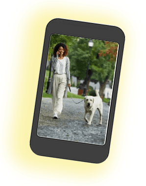 Lady walking dog during TRAIN BY PHONE session