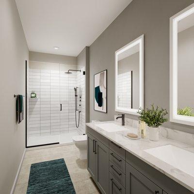 Bathroom with subway tiled shower with rimless glass doors and vanity lighting