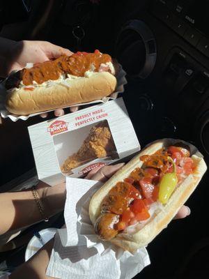 Hot dogs with chili and Krispy Krunchy chicken