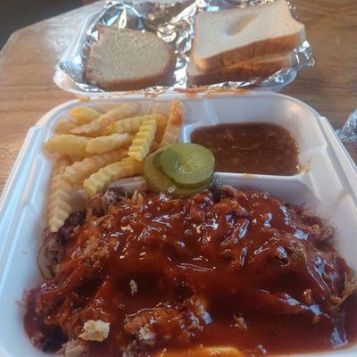 Large pork with French fries and beans