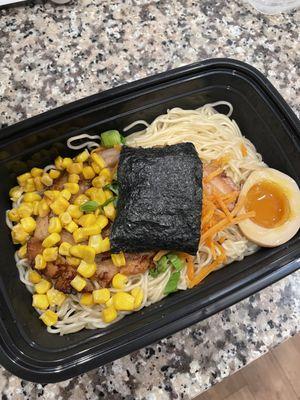 Noodles, seaweed, egg, corn, pork chasu, scallions