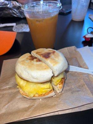 Breakfast sandwich and a cold brew