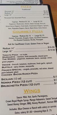 Part of menu... Pizza list