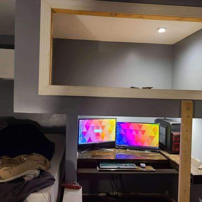 Floating bunk beds with custom desk