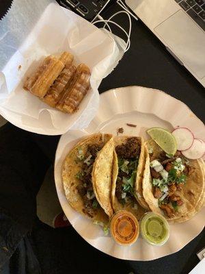 churros and 3 tacos (al pastor, barbacoa, and carne asada)