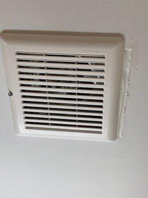 The worst finish work. This is the final look  of a new bathroom vent mounted in the ceiling.DO NOT HIRE THEM OR THIS COMPANY