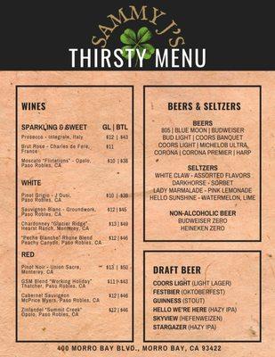 Drink menu beginning 9/25/24. Prices and menu items may change without notice.