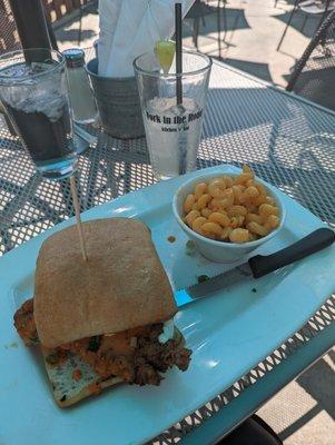 Buffalo chicken sandwich with Mac and cheese and a lemonade (freshly made in house)