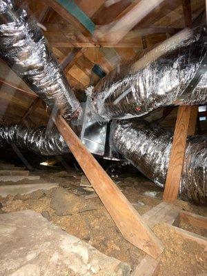 From no central heating/cooling, to a high efficiency heat pump package unit here in Yucaipa. The ducting portion in the attic!