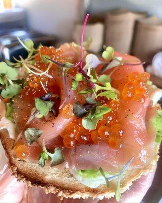 Open-Faced Bagel with Plain Schmear, Smoked Salmon, Salmon Roe, & Rainbow Microgreens