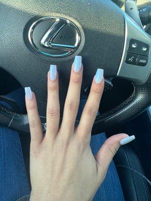 Full set acrylic  Shape : tapered square  color: metallic light blue