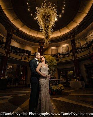 Interior lobby wedding portrait. www.danielnydick.com NJ Wedding Photography