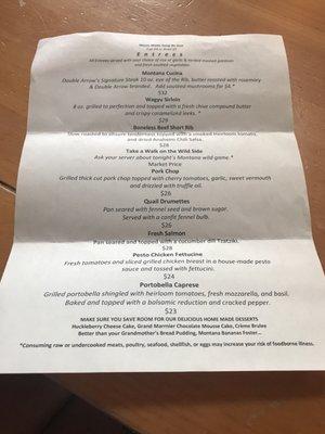 Dinner menu