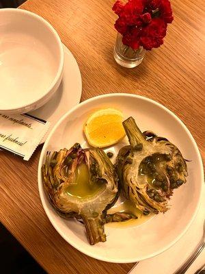 Roasted Artichoke with lemon vinaigrette and capers. DELICIOUS!