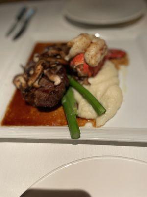 New York steak special with added lobster tail. The dish came with sautéed mushrooms, asparagus, as well as fresh mashed potatoes.