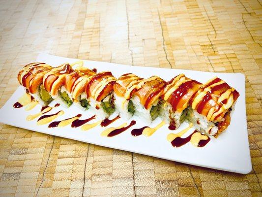 New!! Treasure Island Roll. Salmon and sliced lemon on top. Highly recommend!