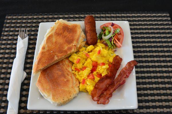 Eggs, bacon, croquette Cuban toast with little  salad