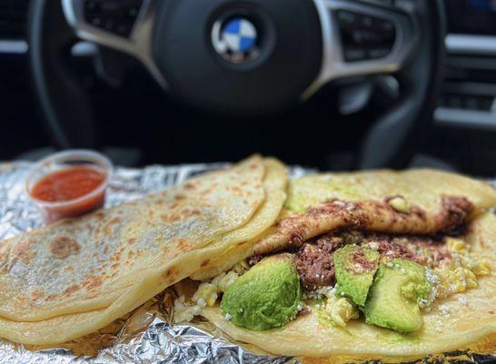 L: Baleada Regular w/ beans, cheese, sour cream ($3.50), R: Baleada Super w/ beans, cheese, sour cream, eggs, avocado ($5)