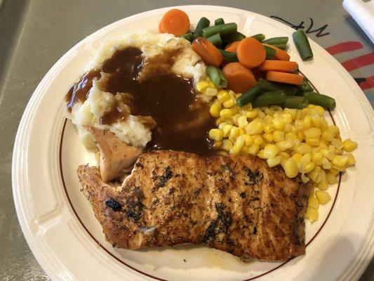 Baked salmon with sides, $10