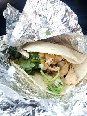 Al Carbon Chicken taco. Street petite and double wrapped. Delish to hubby!