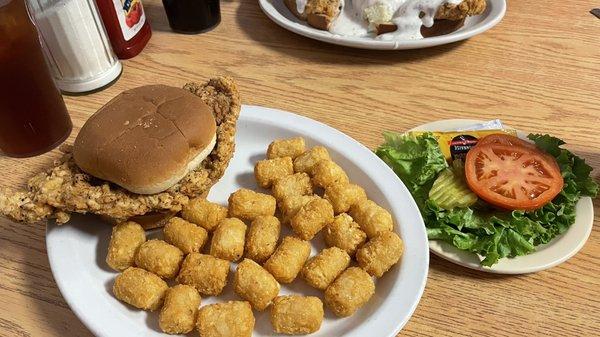 Pork tenderloin sandwich and tator tots