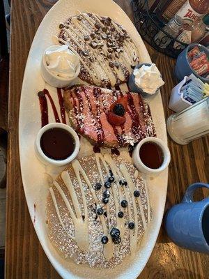 Red velvet pancake, strawberry French toast, blueberry lemon ricotta pancake