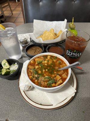 Menudo and the condiments.