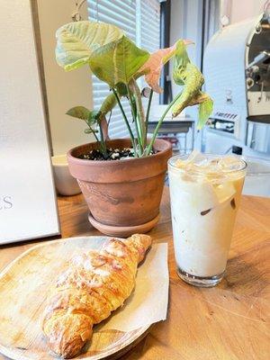 Iced lavender latte and an almond croissant