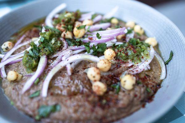 Ful - smashed fava bean spread with Rima's Relish (garlic, lemon, chilies) & olive oil