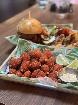 Flaming Hot Cheese Curds with tajin and lime aioli