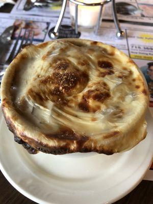 French onion soup topped with cheese