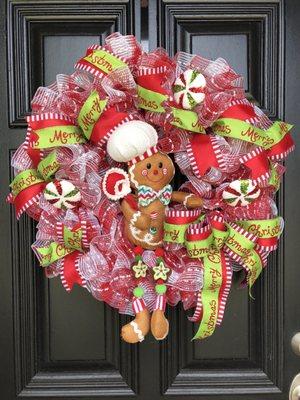 A wreath made by my wife. Many of the items on this wreath were purchased at Hobby Lobby.