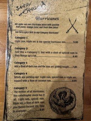 Hurricane drink menu