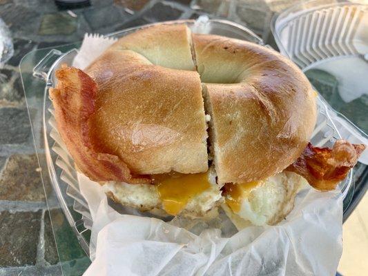 Bacon, egg and cheese on a plain bagel