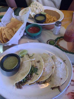 Street tacos above and michoacanos below. Chips and salsa.