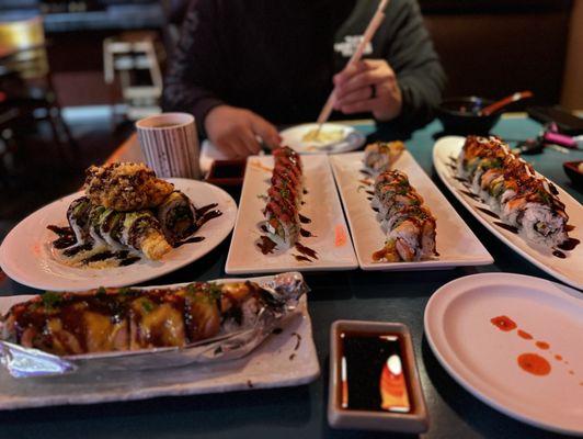 Mexican roll, Red Dragon, Sake, Power, and Baked Salmon Roll