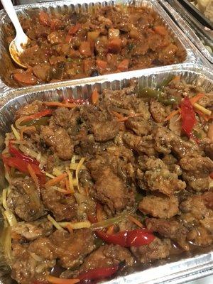 Menudo (top) and sweet & sour fish party tray