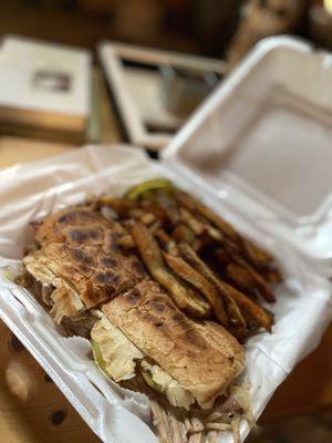 Cuban sandwich with Old Bay fries and homemade pickles