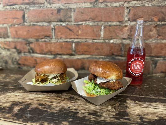 The Wishboner Signature Sandwich on the right and the Nashville Hot Sandwich on the left