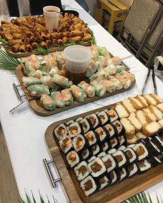 Assorted Sushi, Thai Summer Rolls, Pork Spring Rolls.