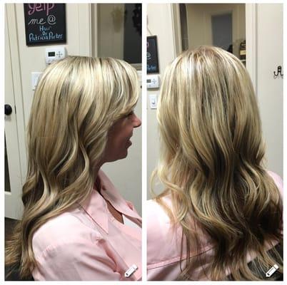 Balayage/ Babylights w/a base break. Layered haircut.