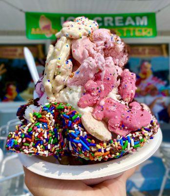 Small cotton  confetti & Bday cake  ice creams in a sprinkle waffle bowl with circus animal cookies & brownie bites